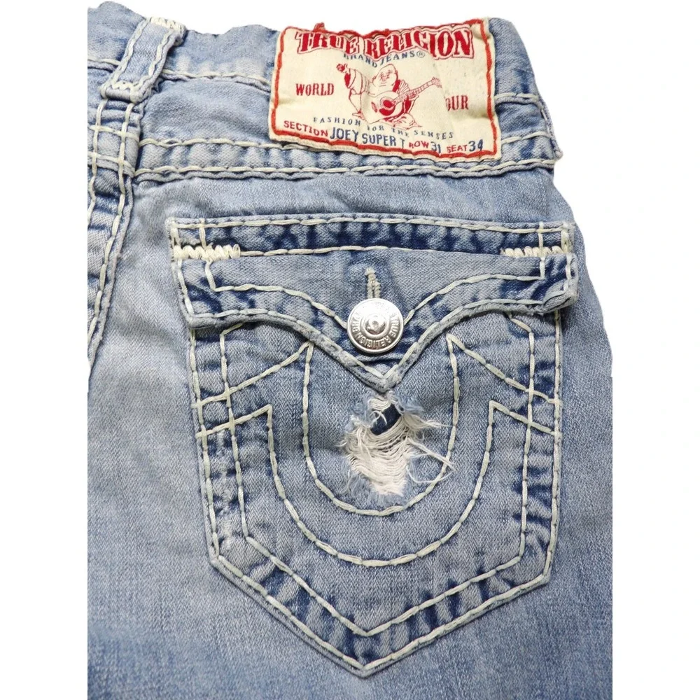 VTG Y2K True Religion Joey Super T Shorts Men 31 Distressed USA Light Wash Denim